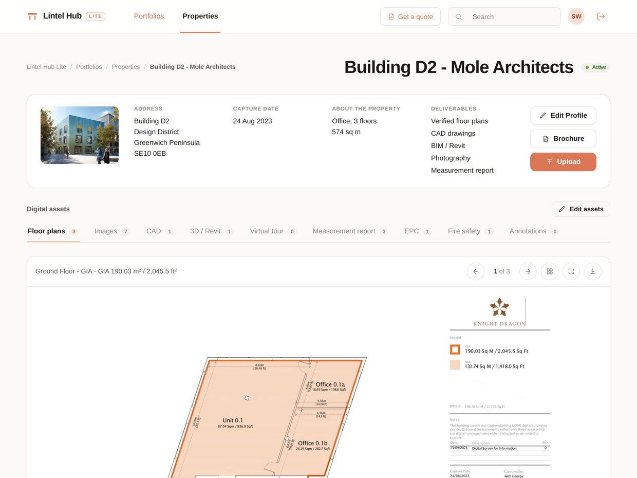 Lintel Hub, a building's record with floor plans and documents